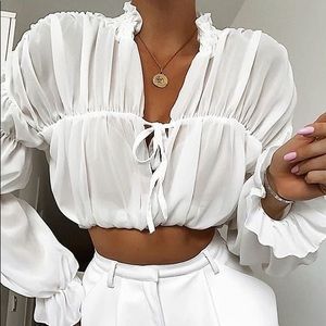 White Chiffon Versatile Balloon Sleeve Crop Top